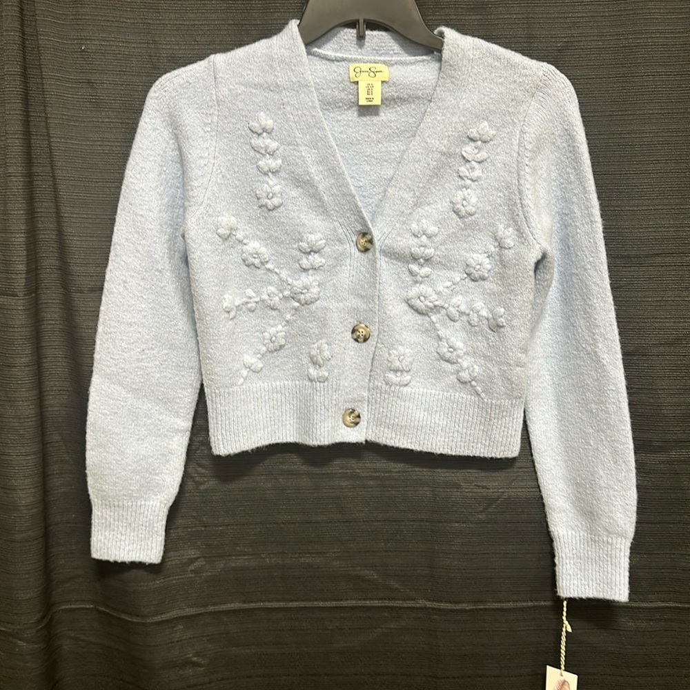 Jessica Simpson‎ women’s light blue flower embossed cardigan / Size S / NWT